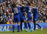 <p>Leicester City’s Jamie Vardy celebrates scoring their first goal with teammates </p>
