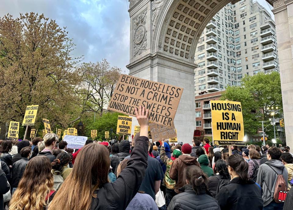 A group of several hundred people protest the death of Jordan Neely, Friday, May 5, 2023, at Washington Square Park in New York. (AP)