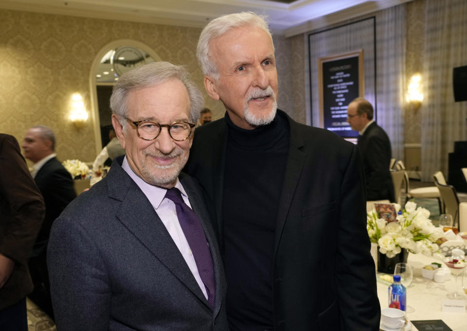 Directors Steven Spielberg, left, and James Cameron pose together at the 2023 AFI Awards, Friday, Jan. 13, 2023, at the Four Seasons Beverly Hills in Los Angeles. (AP Photo/Chris Pizzello)