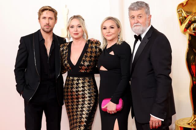 <p>Mike Coppola/Getty </p> Ryan Gosling, Mandi Gosling, Donna Gosling and Valerio Attanasio attend the 2024 Oscars.