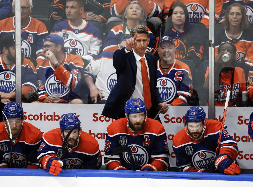 Edmonton Oilers head coach Kris Knoblauch gestures during the second period of Game 6 of the NHL hockey Stanley Cup Final against the Florida Panthers, Friday, June 21, 2024, in Edmonton, Alberta. (Jeff McIntosh/The Canadian Press via AP)