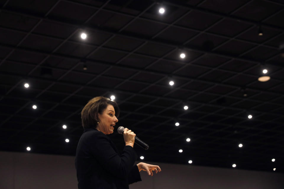 Democratic presidential candidate Sen. Amy Klobuchar, D-Minn., speaks during the Iowa Farmers Union Presidential Forum, Friday, Dec. 6, 2019, in Grinnell, Iowa. (AP Photo/Charlie Neibergall)