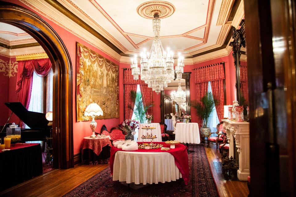The Terrace Hill drawing room is set for a garden party. The Terrace Hill Society Foundation, which maintains ownership over many furnishings at Terrace Hill, is suing the state agency that manages the property for allegedly cutting off the foundation's access to its collection.