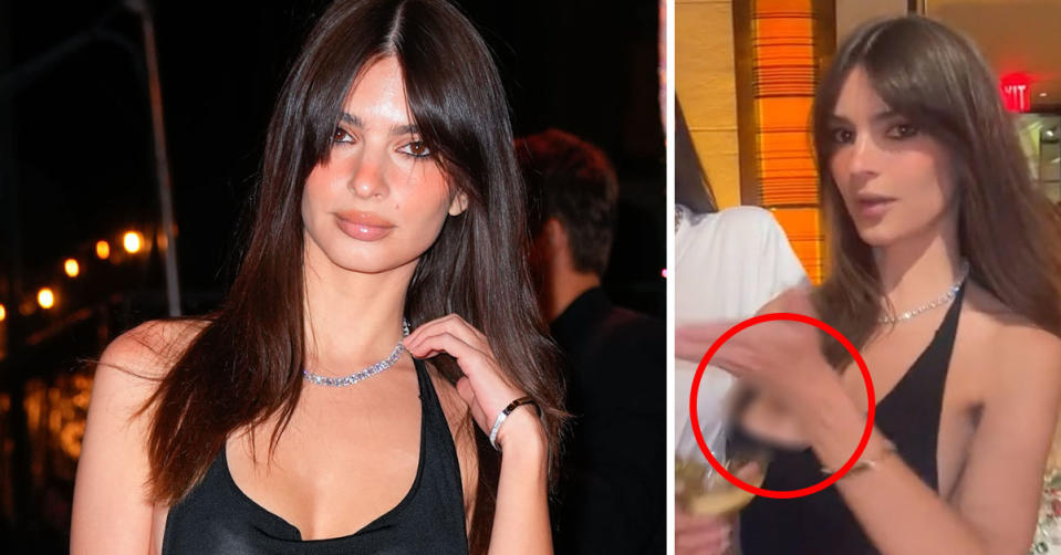 L: Emily Ratajkowski stuns at an event. R: Emily Ratajkowski with her nip slip circled 