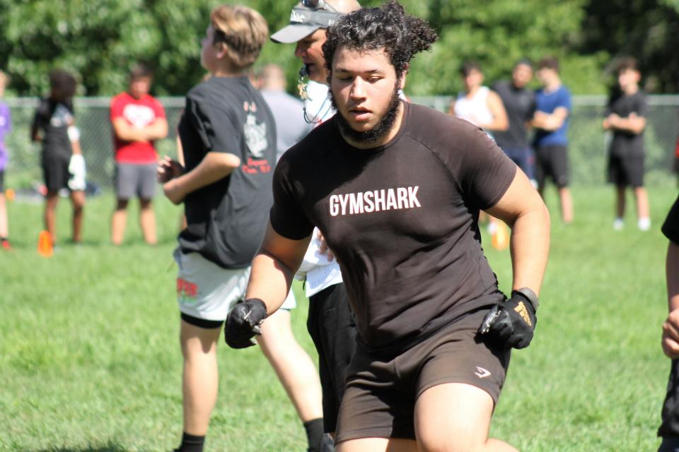 Lineman TJ Taveras, seen during the first practice of preseason Friday, Aug. 12, 2022 in Rochester, is expected to play an integral role this season for the Spaulding High School football team.