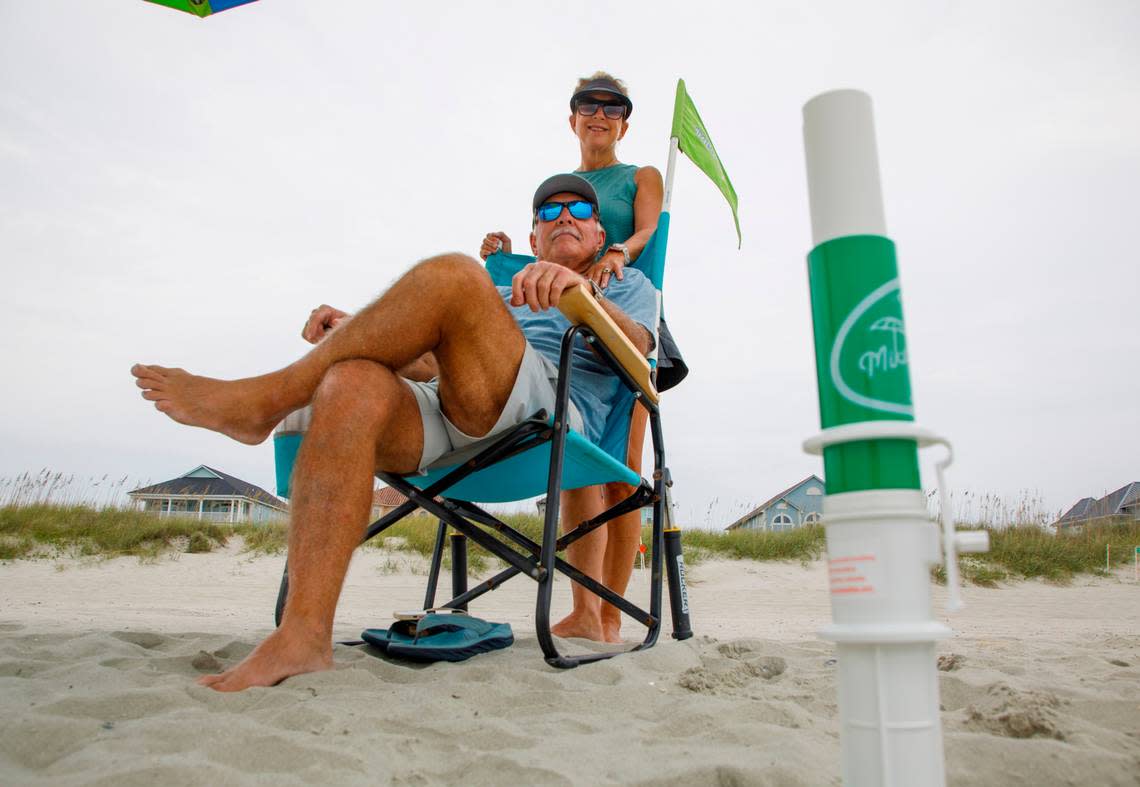 North Myrtle Beach couple Mike Haney and his wife Cathy came up with the idea of the Mike’s Spikes umbrella anchor while sitting on the beach on Easter weekend in 2006. They have sold more than 60,000 units of the invention. July 29, 2024.