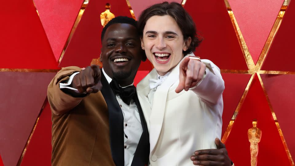 Lauren bonded with actor Daniel Kaluuya (seen here with Timothée Chalamet at the 2018 Oscars) after someone spilt red wine on his suit at a pre Oscars party. - Courtesy Chelsea Lauren/Shutterstock