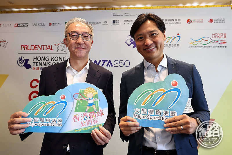 網總會長莫君逸（左）及大型體育活動事務委員會副主席鄭泳舜宣傳賽事。