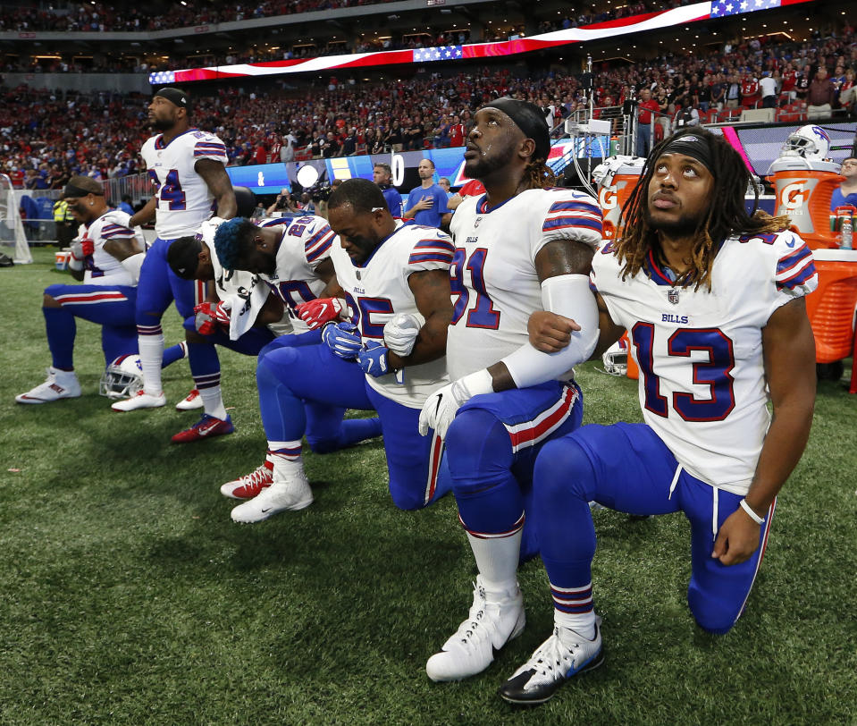 Some players on the Buffalo Bills took a knee during the national anthem on Sunday before a game in Atlanta. (AP) 