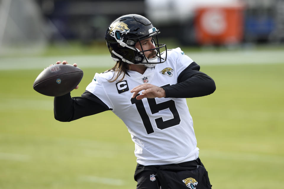 Jacksonville Jaguars quarterback Gardner Minshew II works out prior to an NFL football game against the Baltimore Ravens, Sunday, Dec. 20, 2020, in Baltimore. (AP Photo/Gail Burton)