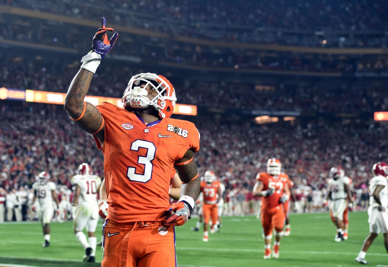 Clemson Tigers wide receiver Artavis Scott celebrates after scoring a touchdown against the Alabama Crimson Tide in the fourth quarter in the 2016 CFP National Championship in January.&nbsp;