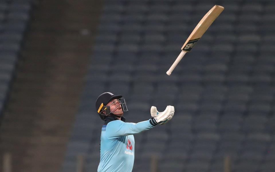 England batsman Jason Roy reacts by throwing his bat in the air after being run out during the 2nd One Day International between India and England at MCA Stadium on March 26, 2021 in Pune - Surjeet Yadav/Getty Images