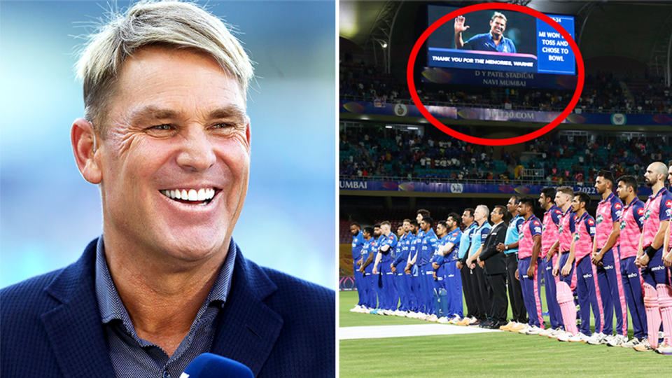 The Rajasthan Royals and the Mumbai Indians (pictured right) pay tribute to the late Shane Warne and (pictured left) Warne smiling during commentary.