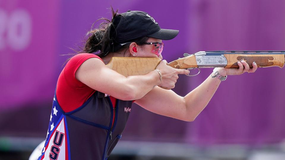 American Kayle Browning competes in the Olympic women's trap competition en route to winning a silver medal in Tokyo.