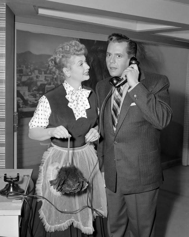 Lucille Ball as Lucy and Desi Arnaz as Ricky are pictured on set while filming the "Pam Springs" episode of "I Love Lucy"