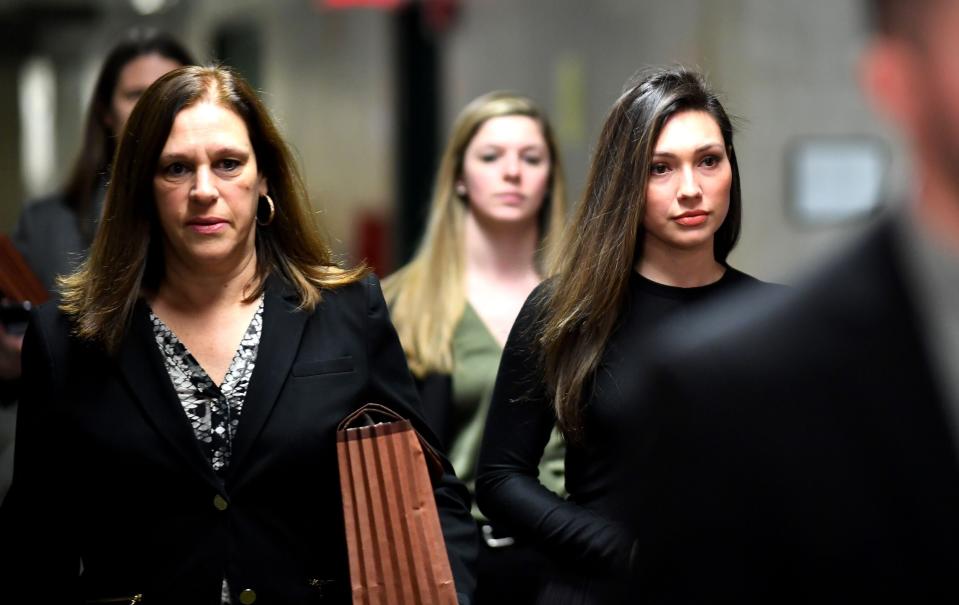 Former actor Jessica Mann, right, arrives for the trial of Harvey Weinstein at the Manhattan Criminal Court on Jan. 31. (JOHANNES EISELE via Getty Images)