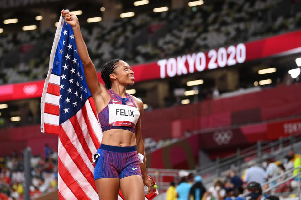 Allyson Felix of Team USA reacts after winning the bronze medal in the Women's 400-m final on day fourteen of the Tokyo 2020 Olympic Games at Olympic Stadium on Aug. 06, 2021 in Tokyo, Japan.<span class="copyright">Matthias Hangst—Getty Images</span>