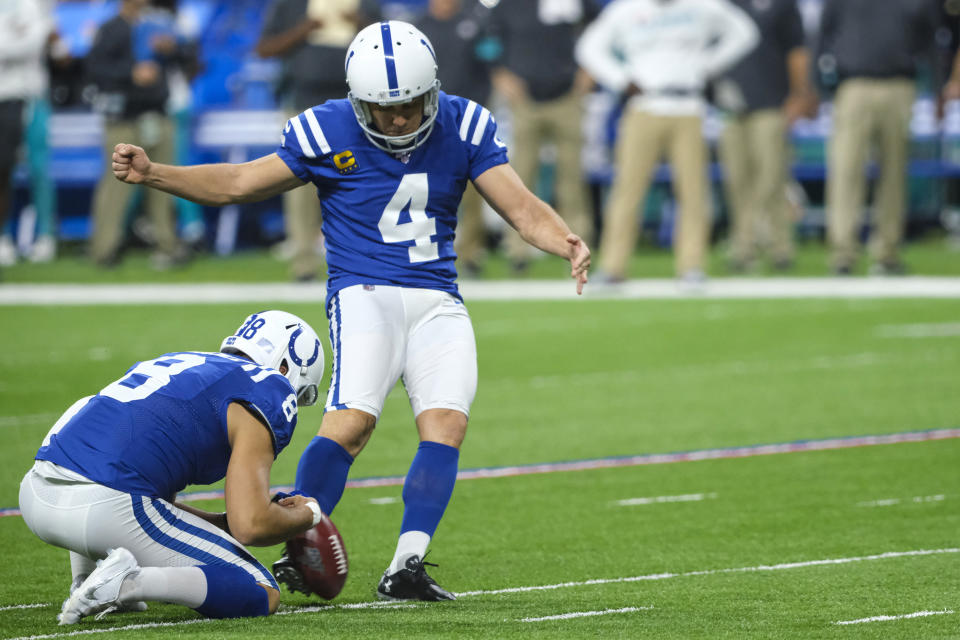 Indianapolis Colts' Adam Vinatieri (4) kicks a field goal from the hold of Rigoberto Sanchez during the second half of the team's NFL football game against the Miami Dolphins in Indianapolis, Sunday, Nov. 10, 2019. (AP Photo/AJ Mast)