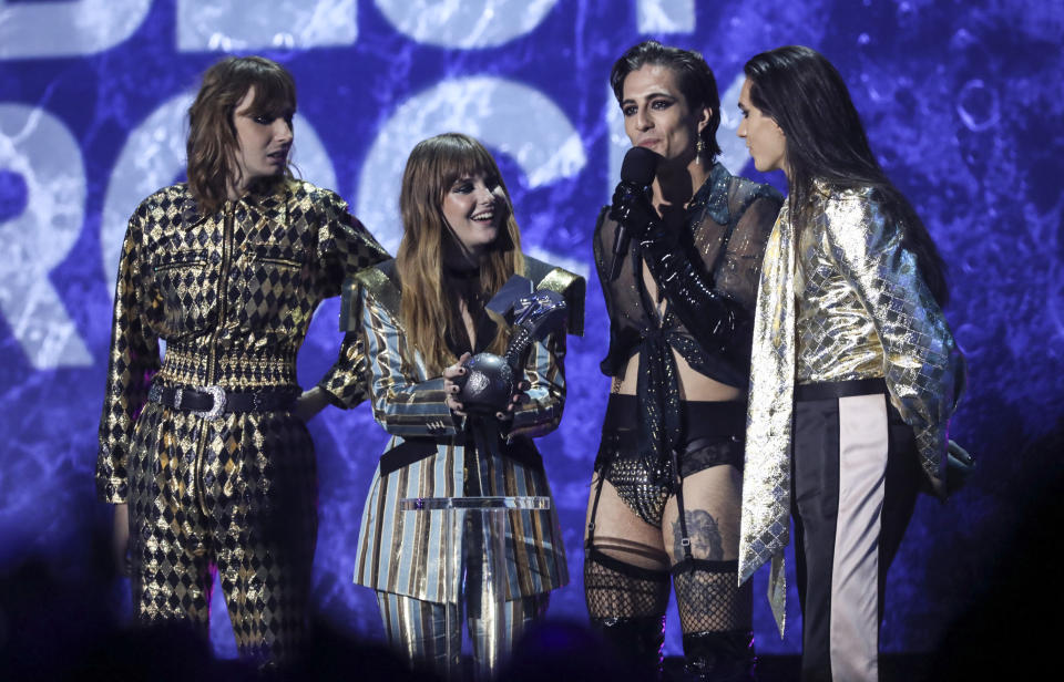 Ethan Torchio, from right, Damiano David, Victoria De Angelis and Thomas Raggi receive the Best Rock award at the European MTV Awards in Budapest, Hungary, Sunday, Nov. 14, 2021. (Photo by Vianney Le Caer/Invision/AP)