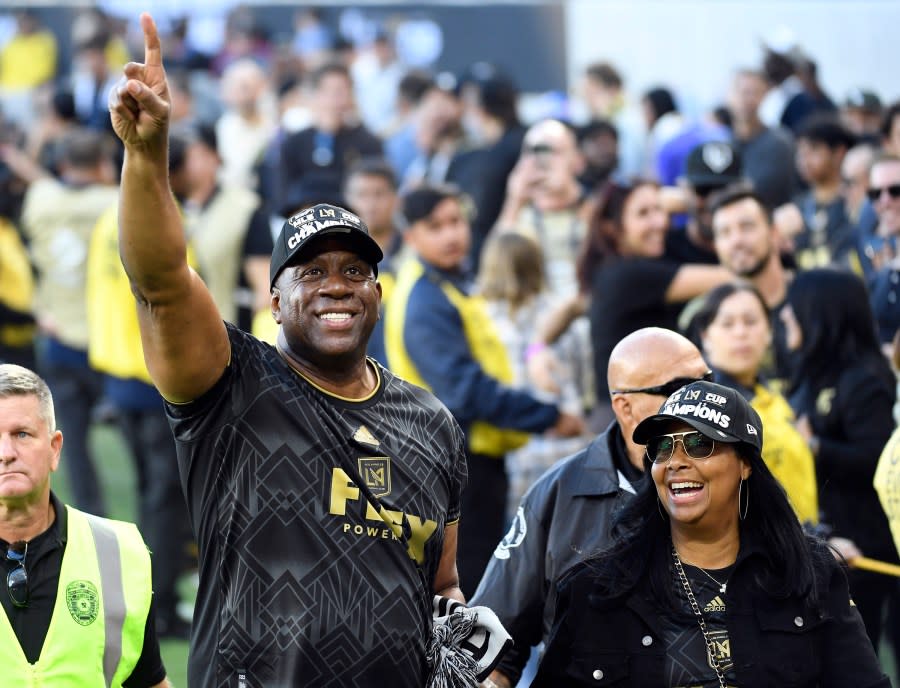 LOS ANGELES, CA – NOVEMBER 05: Magic Johnson and Cookie Johnson celebrate after Los Angeles FC defeated the Philadelphia Union in a penalty shootout during the 2022 MLS Cup Final at Banc of California Stadium on November 5, 2022 in Los Angeles, California. (Photo by Kevork Djansezian/Getty Images)