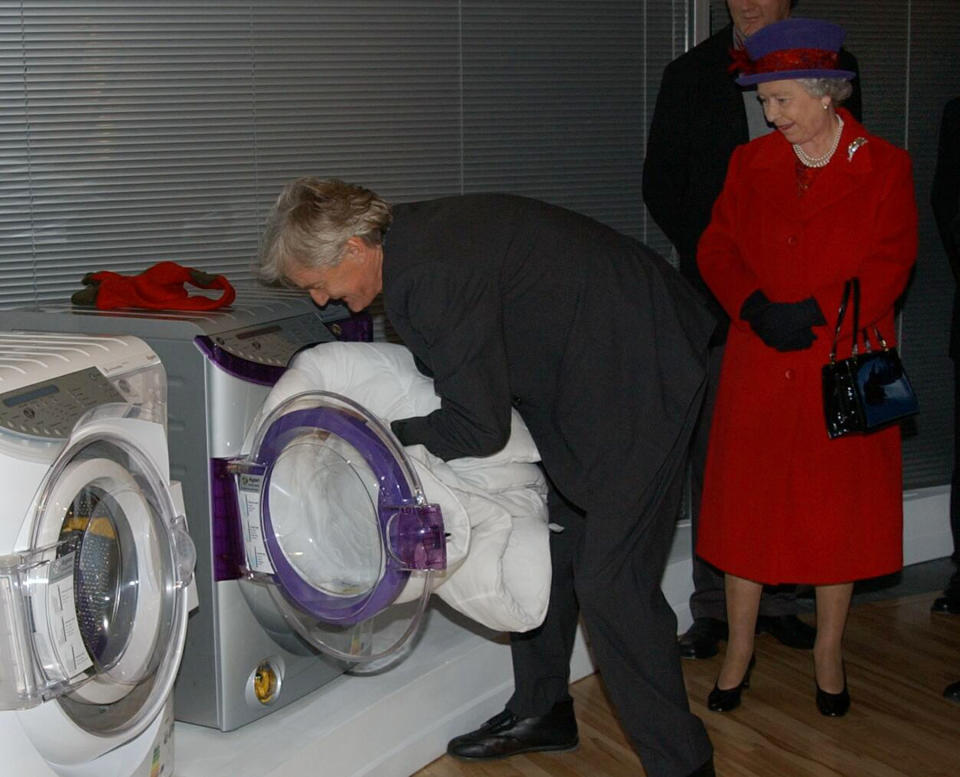 The Queen and the Duke of Edinburgh watch James Dyson demonstrate his washing machine at the domestic appliance maker's Malmesbury factory near Chippenham in Wiltshire.   * She travelled by scheduled train with the Duke of Edinburgh for a day of engagements around the area.