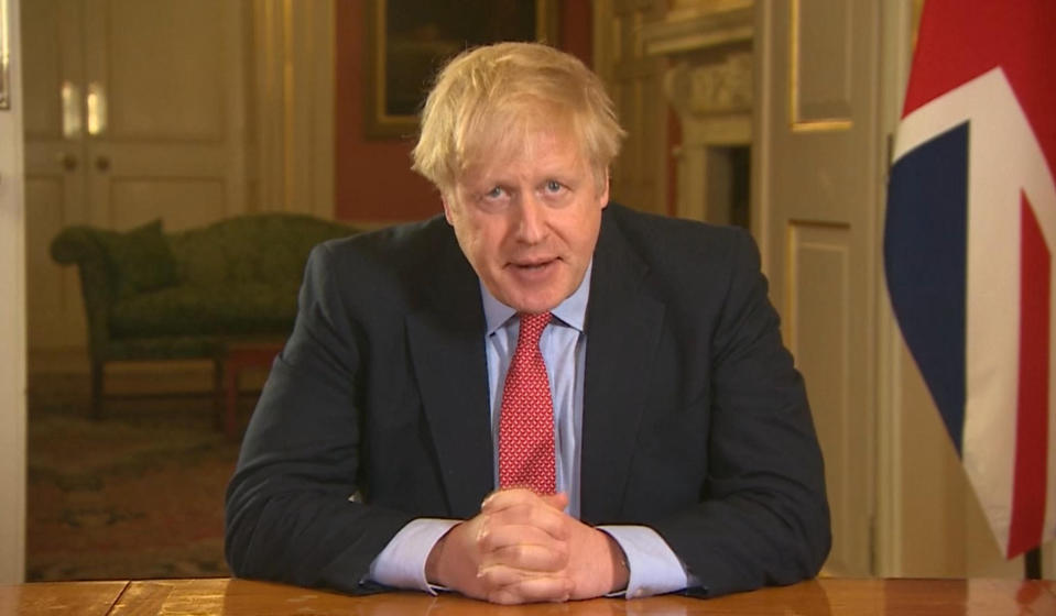 Screen grab of Prime Minister Boris Johnson addressing the nation from 10 Downing Street, London, as he placed the UK on lockdown as the Government seeks to stop the spread of coronavirus (COVID-19). (Photo by PA Video/PA Images via Getty Images)