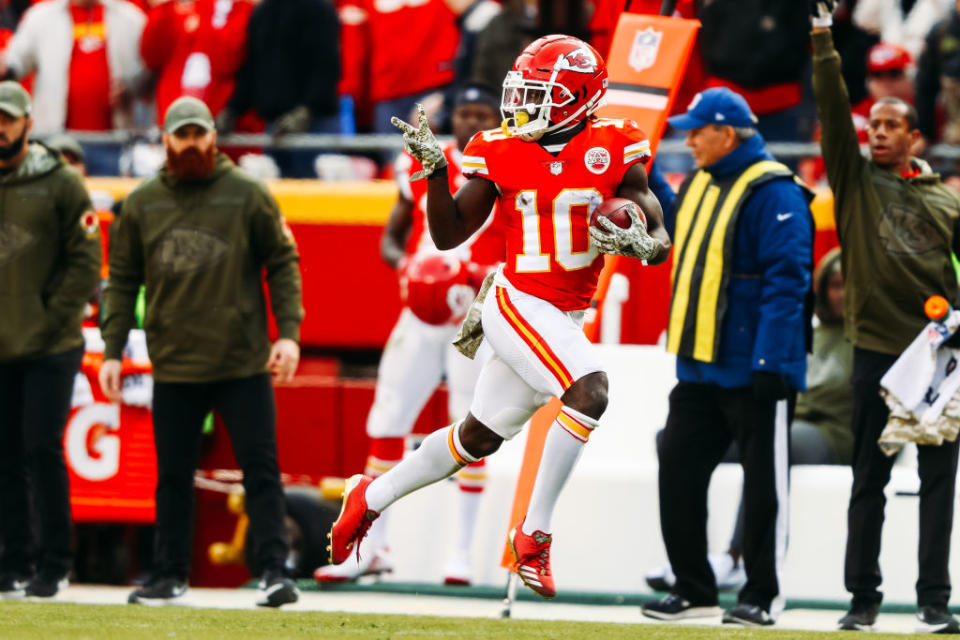 <p>Let’s take a moment and talk about what Tyreek Hill did this past season. Cheetah totaled a ridiculous 1,843 yards through his receptions, rushing attempts, and punt returns. He also scored 14 total times. Remember when non-believers dubbed him an above-average gadget player? Yeah, no. </p>