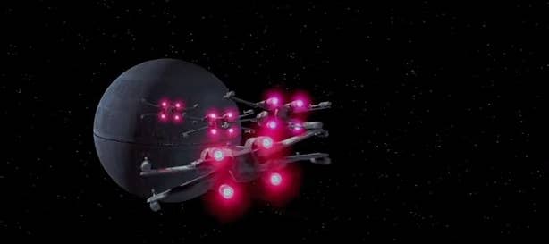 X-Wing Fighters flying towards the Death Star in "Star Wars: Episode IV - A New Hope"