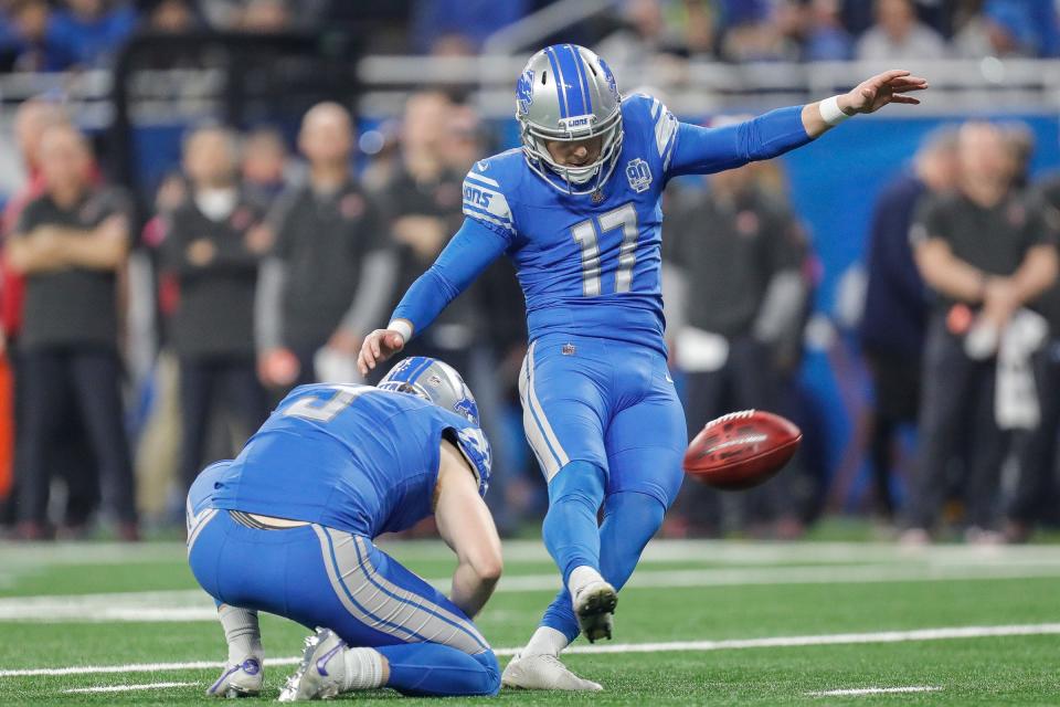 Detroit Lions place kicker Michael Badgley (17) attempts a field goal against Tampa Bay Buccaneers during the first half of the NFC divisional round at Ford Field in Detroit on Sunday, Jan. 21, 2024.