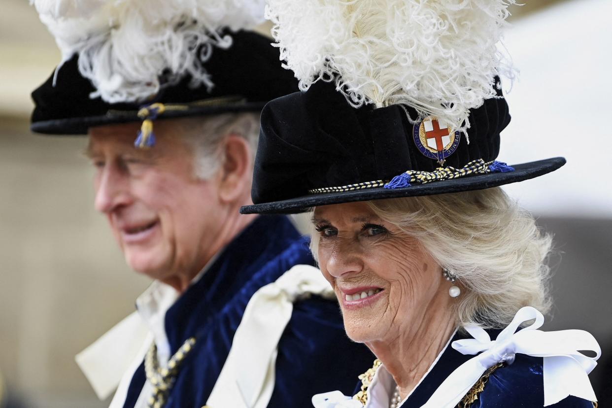 Britain's Prince Charles and Camilla, Duchess of Cornwall arrive for the Order of the Garter service at Windsor Castle, in Windsor, England, Monday, June 13, 2022. 