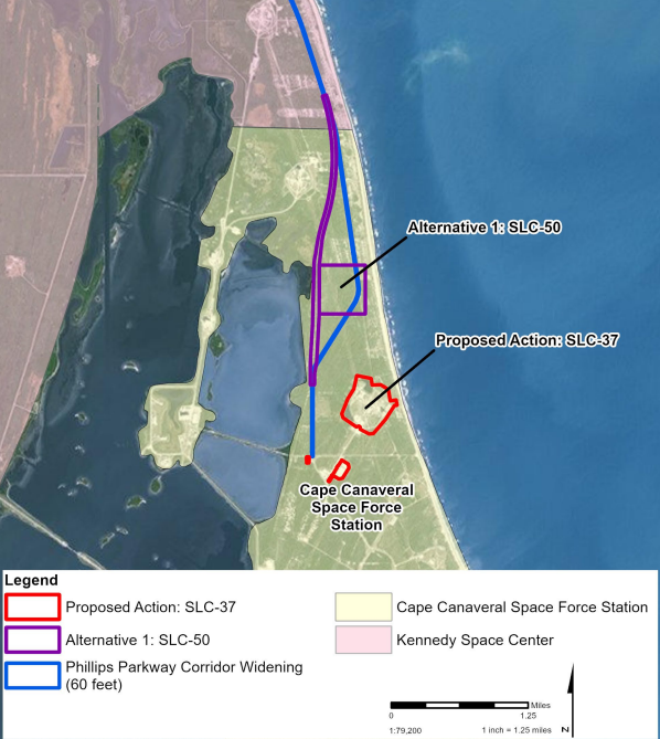 This map, which was displayed during the Cocoa public meeting, shows where SpaceX proposes to rebuild Launch Complex 37 (outlined in red) or create the future Launch Complex 50 (outlined in purple) for Starship operations at the northern portion of Cape Canaveral Space Force Station.