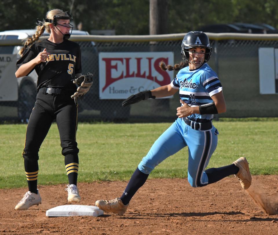 Airline's Elena Heng is safe at second against Neville in a LHSAA Non-Select Division I state playoff game.