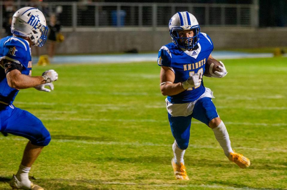 Brady Grondz, 10, of Ripon Christian finds a hole in Golden Sierra defense that allowed him into the end zone for a touchdown Friday Nov. 03, 2023 at Ripon Christian.