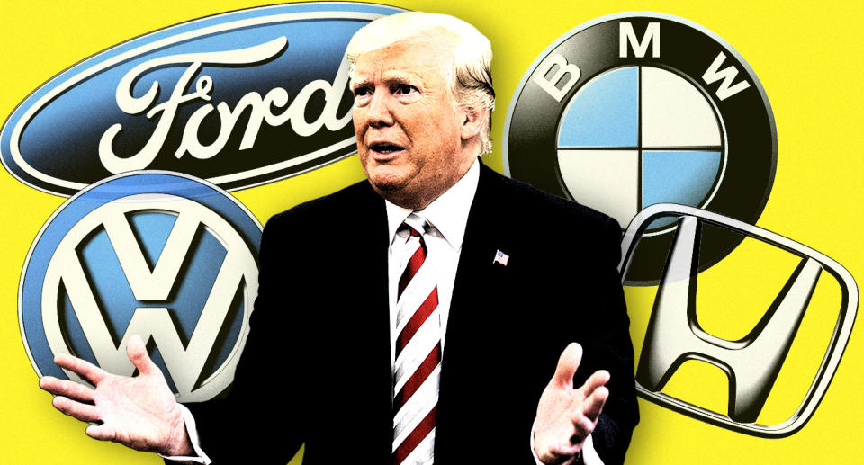 President Trump and carmaker logos. (Photo illustration: Yahoo News; photo: Alex Brandon/AP)