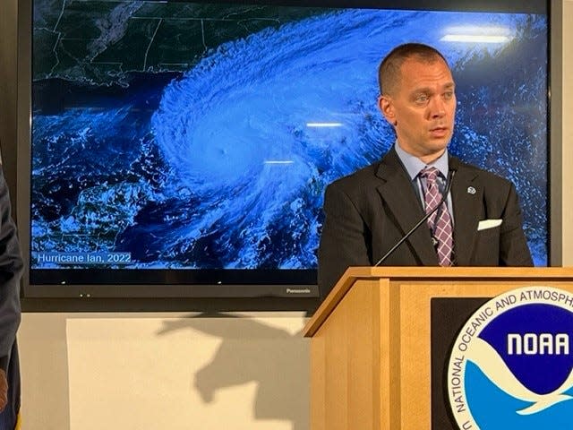 Matthew Rosencrans, lead hurricane season outlook forecaster,  explains the 2023 hurricane forecast at NOAA’s Climate Prediction Center on May 25, 2023.