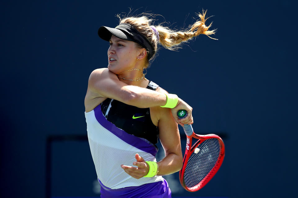 NEW YORK, NEW YORK - AUGUST 26: Eugenie Bouchard of Canada returns the ball to Anastasija Sevastova (not pictured) of Latvia during their Women's Singles first round match during day one of the 2019 US Open at the USTA Billie Jean King National Tennis Center on August 26, 2019 in the Flushing neighborhood of the Queens borough of New York City.  (Photo by Clive Brunskill/Getty Images)