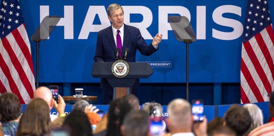 North Carolina Governor Roy Cooper addresses a campaign rally for Vice President Kamala Harris at Westover High School on Thursday, July 18, 2024 in Fayetteville, N.C.