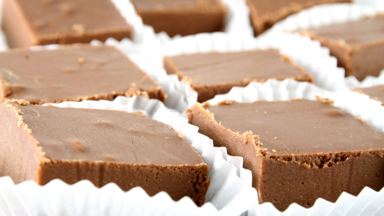 Squares of fudge in wrappers