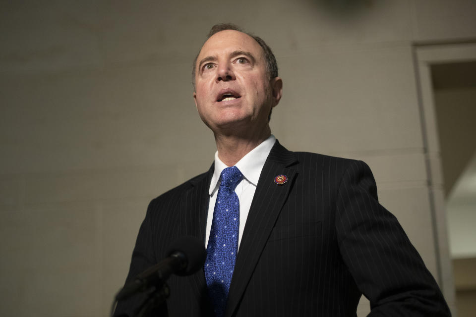 House Intelligence Committee Chairman Rep. Adam Schiff of Calif., speaks to the media as he returns to a closed door meeting where Ambassador to the European Union Gordon Sondland, testifies as part of the House impeachment inquiry into President Donald Trump, on Capitol Hill in Washington, Thursday, Oct. 17, 2019. (AP Photo/Pablo Martinez Monsivais)