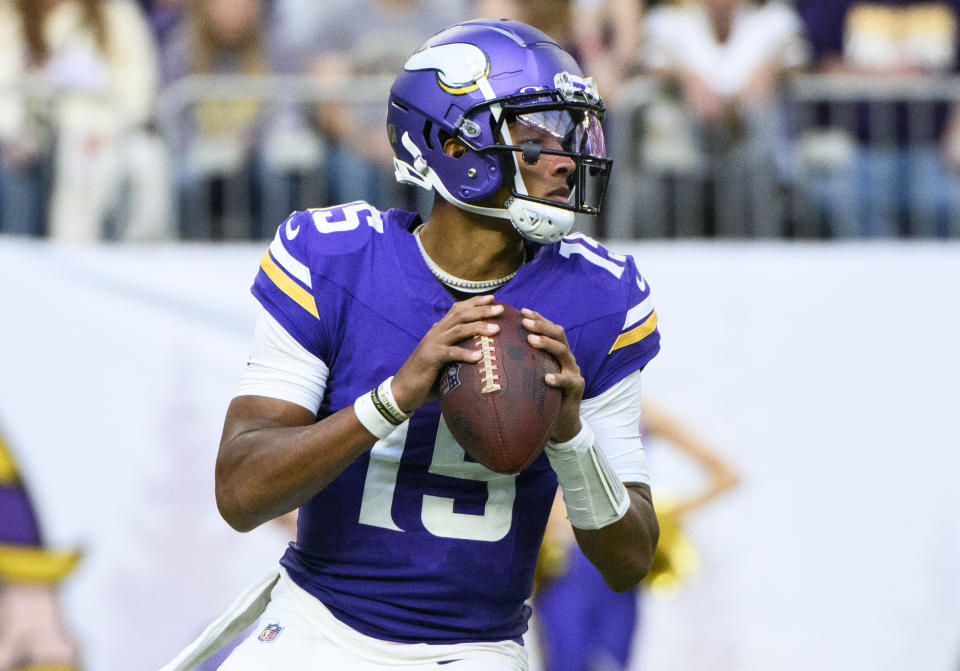 Minnesota Vikings quarterback Joshua Dobbs drops back with the ball in the fourth quarter of the game against the New Orleans Saints at U.S. Bank Stadium in Minneapolis, on Nov. 12, 2023. (Photo by Stephen Maturen/Getty Images)