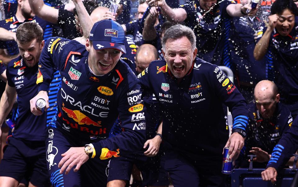 Max Verstappen and Christian Horner celebrate victory in Bahrain