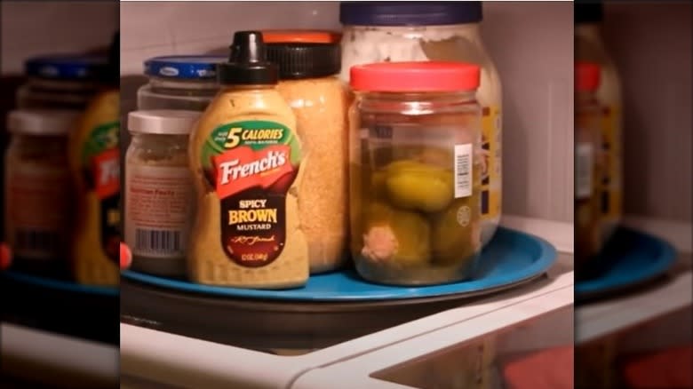 Condiments on tray in fridge
