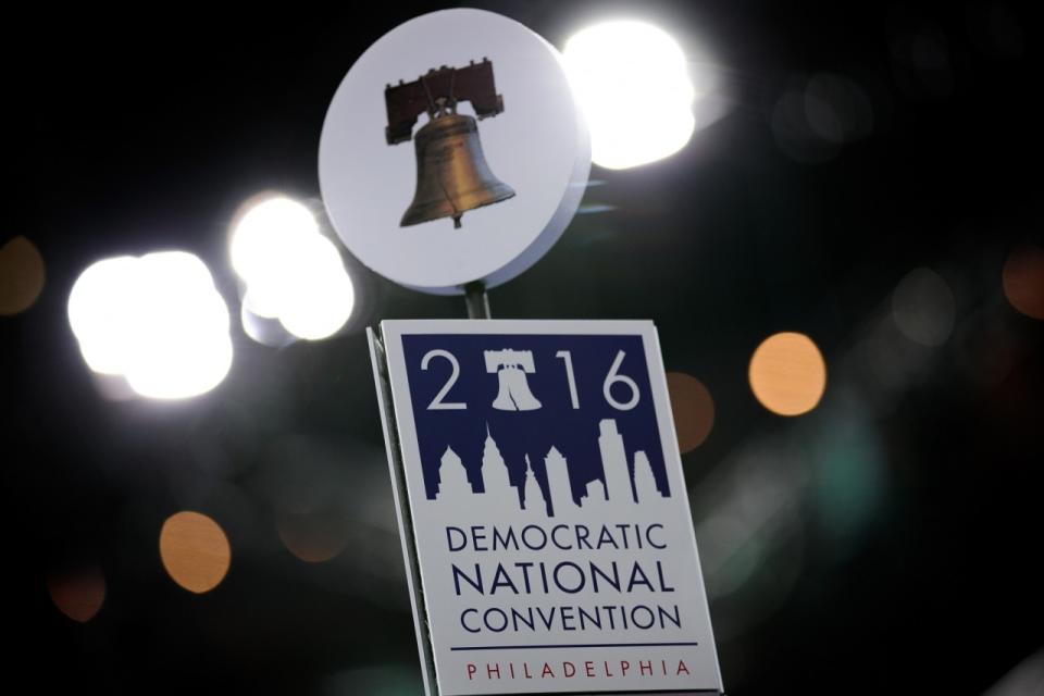 A sign on top of a delegate microphone stand at the Democratic National Convention in Philadelphia. (Photo: Drew Angerer/Getty Images)