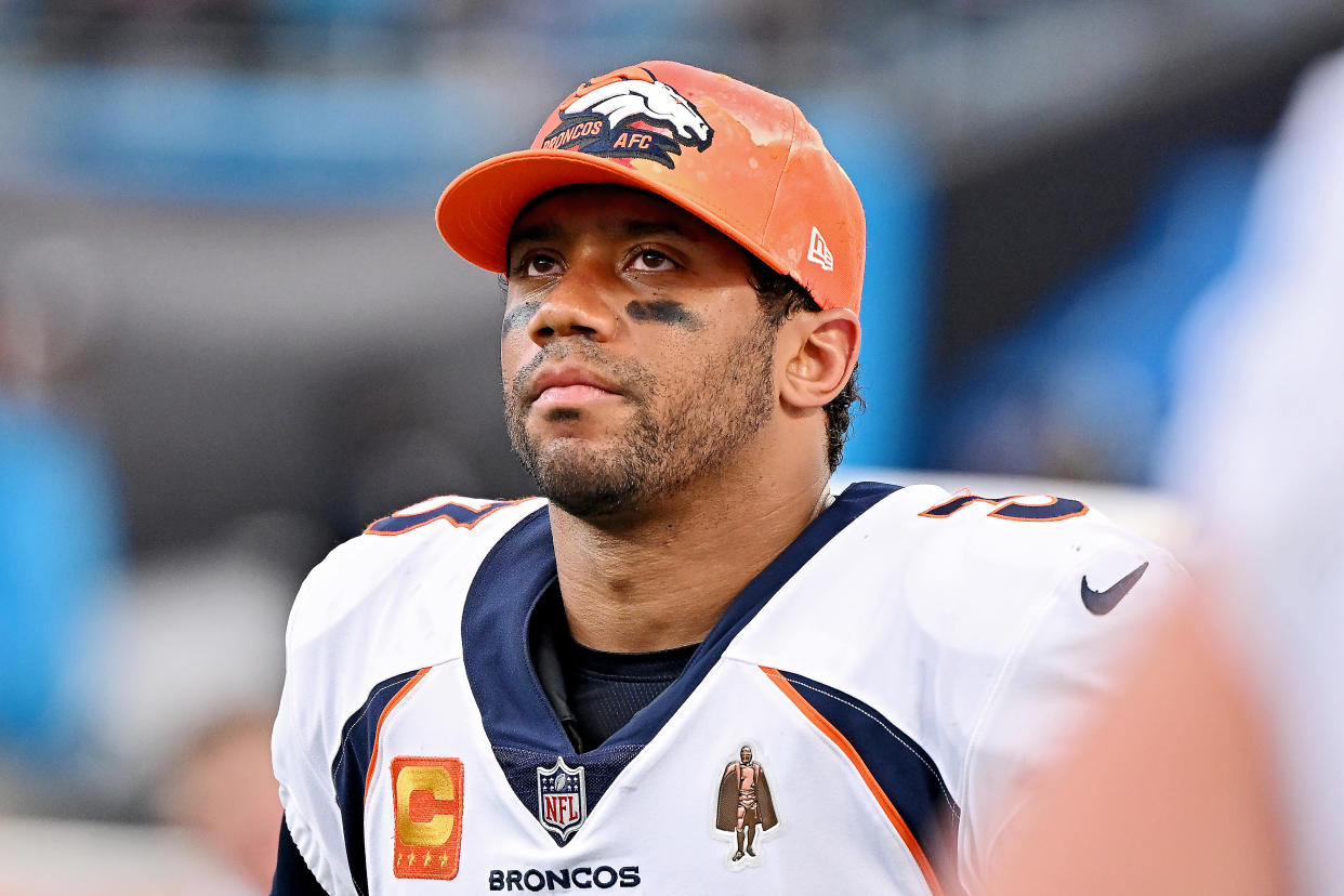 CHARLOTTE, NORTH CAROLINA - NOVEMBER 27: Russell Wilson #3 of the Denver Broncos reacts during the fourth quarter against the Carolina Panthers at Bank of America Stadium on November 27, 2022 in Charlotte, North Carolina. (Photo by Grant Halverson/Getty Images)