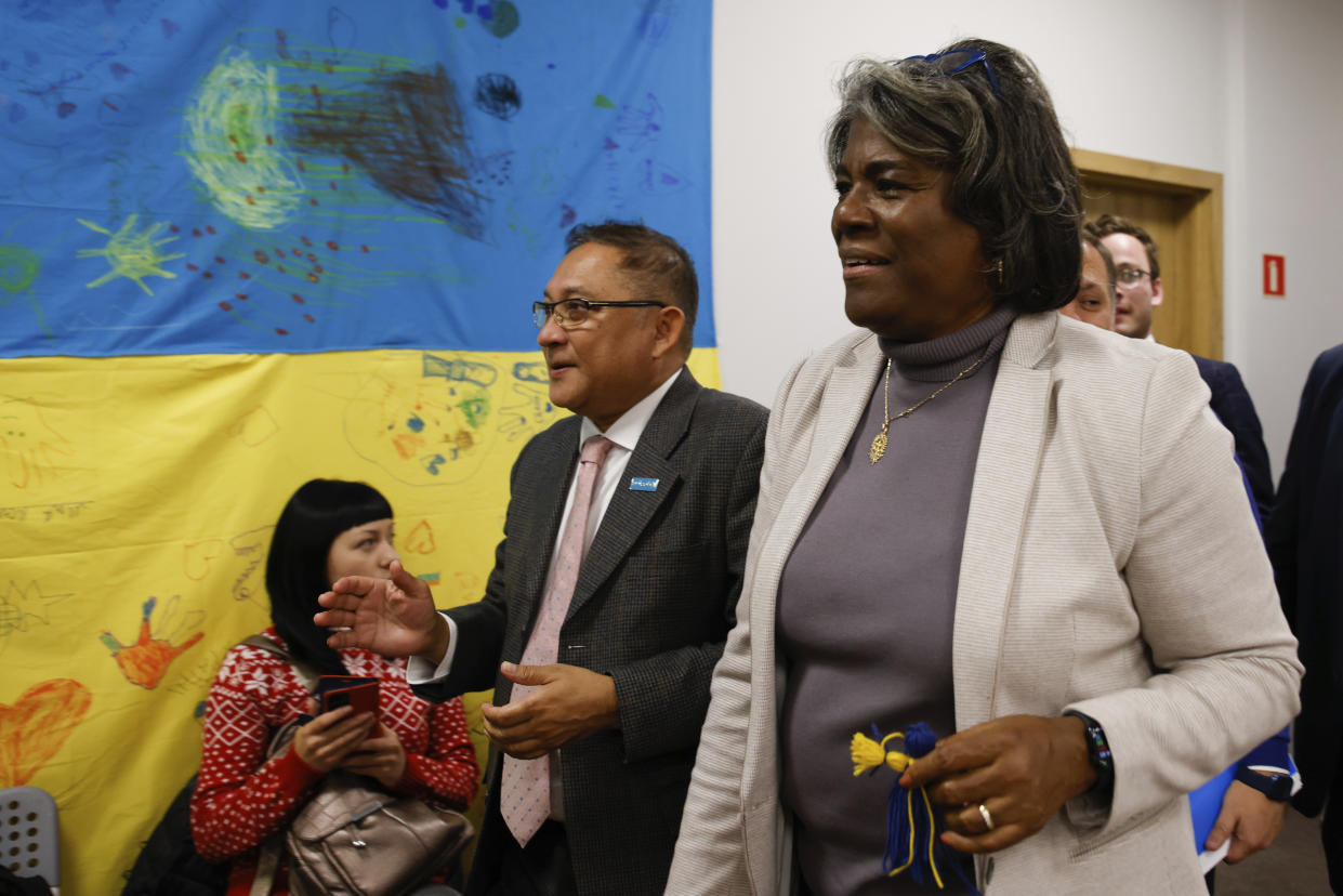 U.S. Ambassador to the United Nations Linda Thomas-Greenfield, right, visits the UNICEF facility in Warsaw, Poland, Wednesday, Nov. 9, 2022. The U.S. Ambassador to the United Nations says she does not expect the U.S. midterm election to weaken U.S. support for Ukraine given the bipartisan support for Kyiv since Russia’s invasion of its neighbor. Linda Thomas-Greenfield spoke after she visited a UNICEF center in Warsaw that has become a hub for Ukrainian refugee children in their mothers, offering educational support and therapy. (AP Photo/Michal Dyjuk)