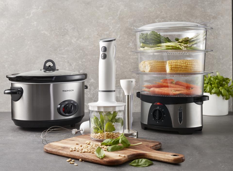 Kitchen appliances like this slow cooker, stick mixer and three-tier food steamer will be on sale. Source: Coles