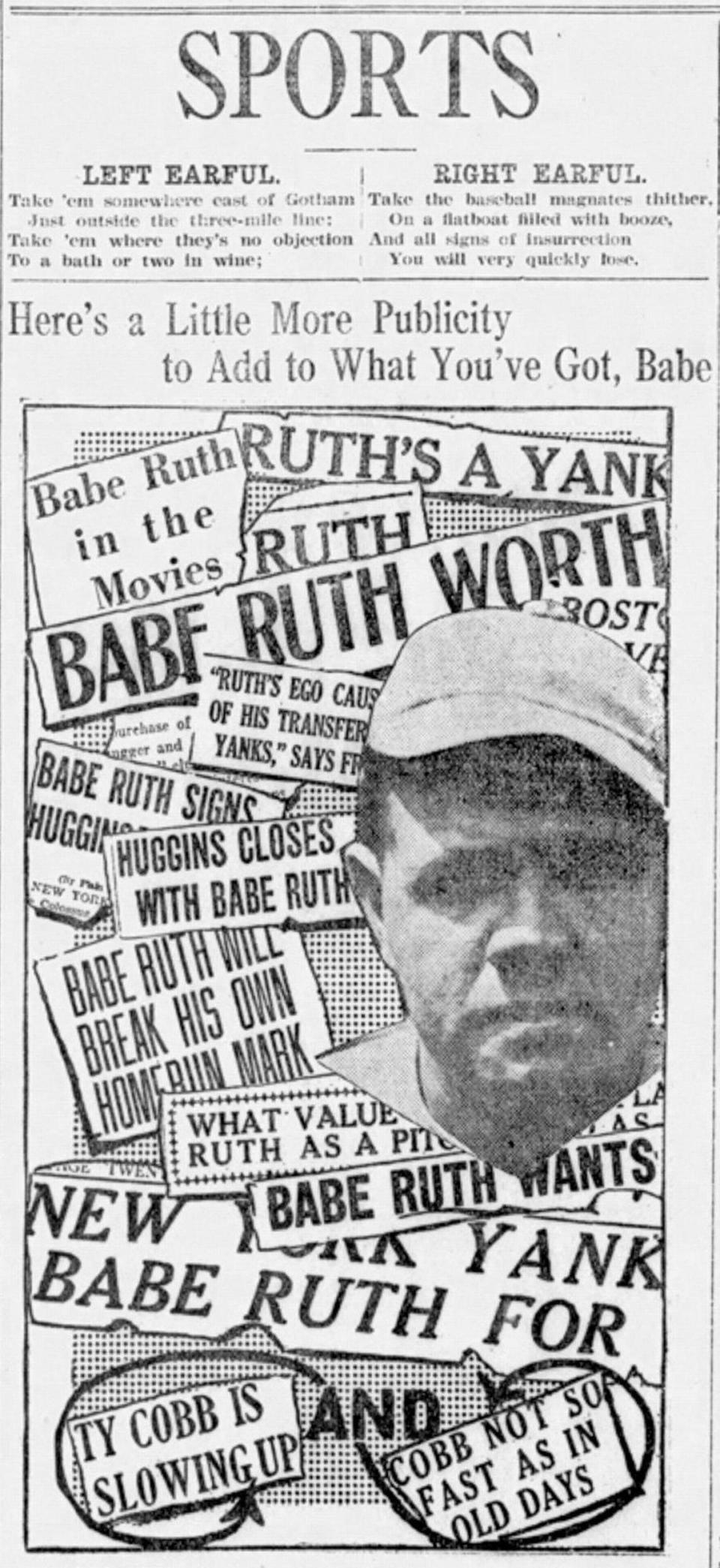 Headlines swirl around baseball star Babe Ruth in this syndicated story picked up by San Luis Obispo Daily Telegram Jan. 15, 1920.