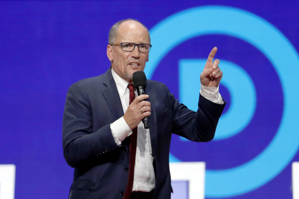 FILE - In this Tuesday, Oct. 15, 2019, file photo, Tom Perez speaks before a Democratic presidential primary debate hosted by CNN/New York Times at Otterbein University, in Westerville, Ohio. The Democratic National Committee is increasing pressure on its presidential candidates to commit to campaign actively for the party's nominee in 2020. The unity push from Chairman Perez is part of a wide-ranging voter outreach strategy designed to prevent the mistakes that cost Democrats the 2016 presidential election. (AP Photo/John Minchillo, File)