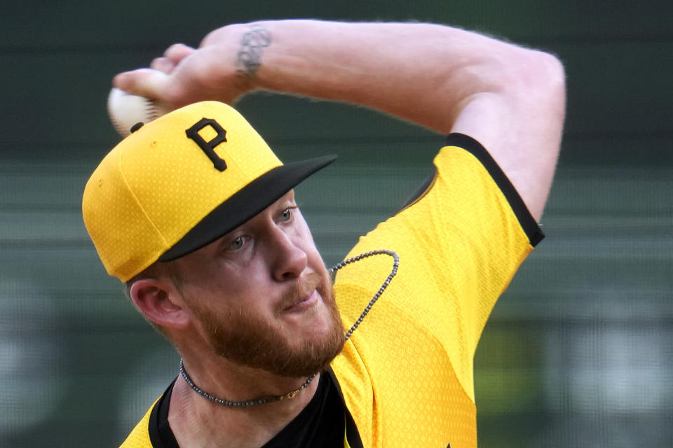 Pittsburgh Pirates starting pitcher Bailey Falter delivers during the second inning of the team's baseball game against the Atlanta Braves in Pittsburgh, Friday, May 24, 2024. (AP Photo/Gene J. Puskar)