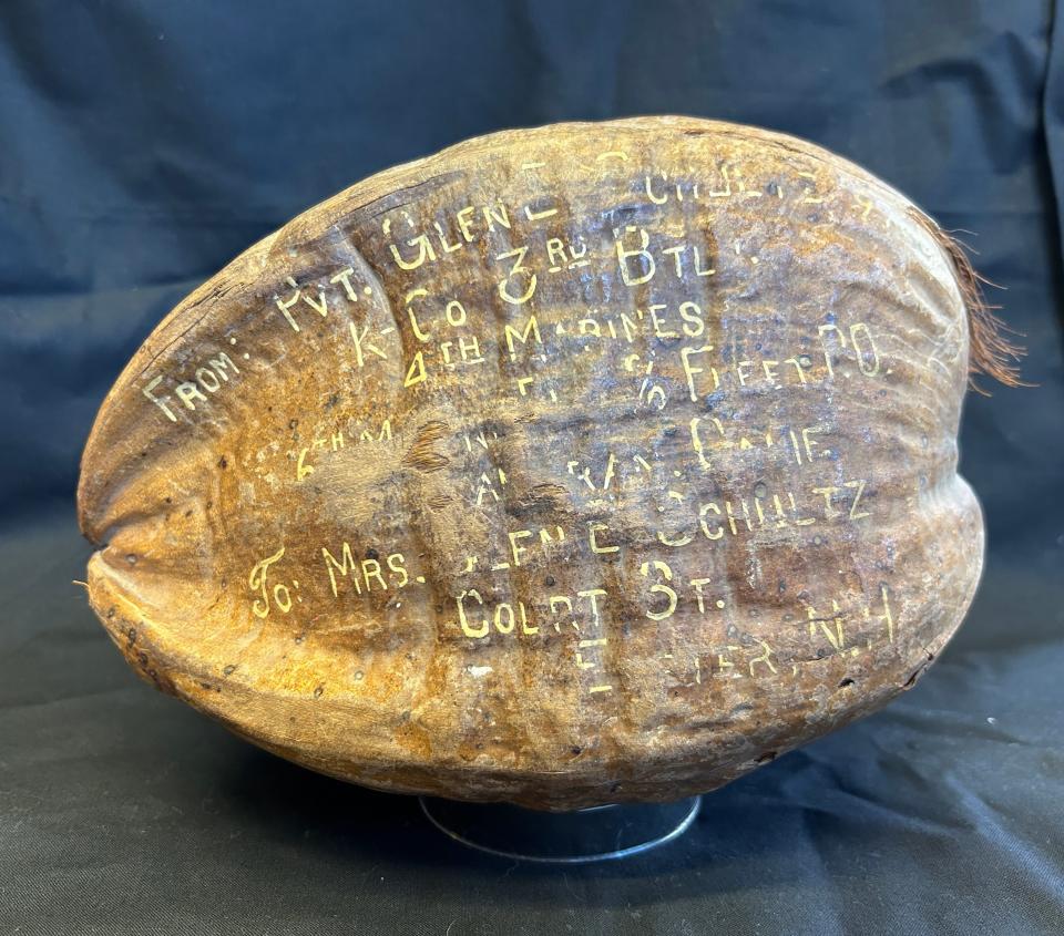 A coconut, sent from Guam in 1945, to Exeter, New Hampshire